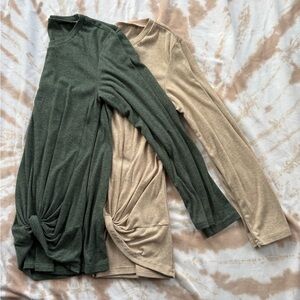 Twist-Hem Long Sleeve Top Duo - Olive & Beige